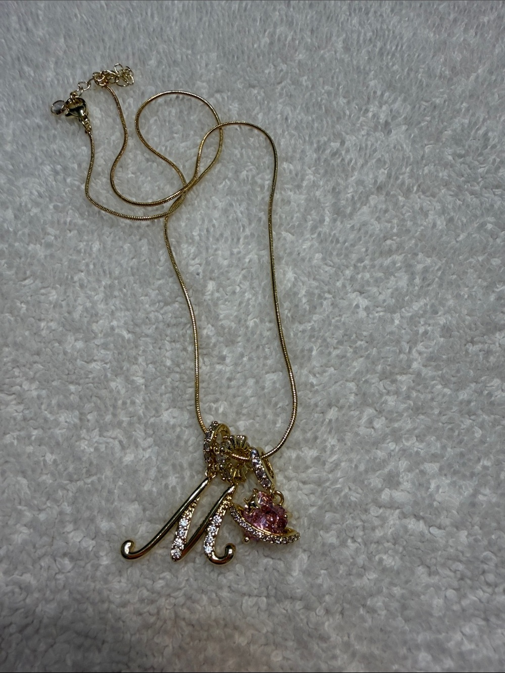 Gold-Tone Initial M Necklace with Pink Crystal Accent